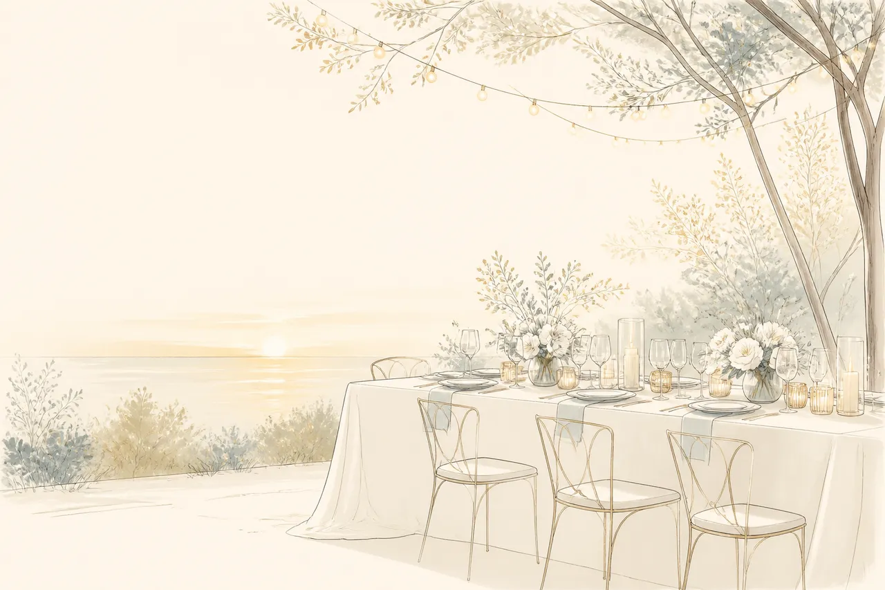 Ilustração de uma recepção de casamento ao ar livre